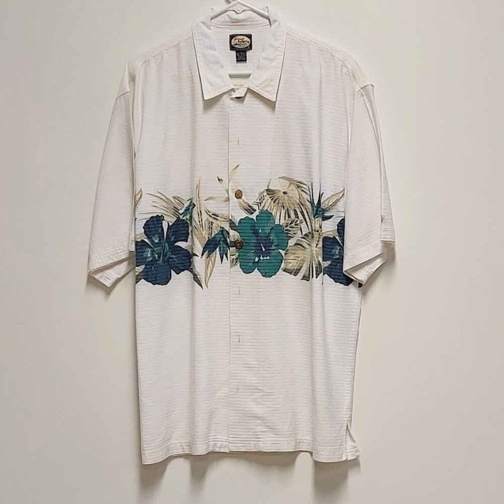 [VTG] 90’s Tommy Bahama White w/Floral Border S/S Camp Shirt Size: L